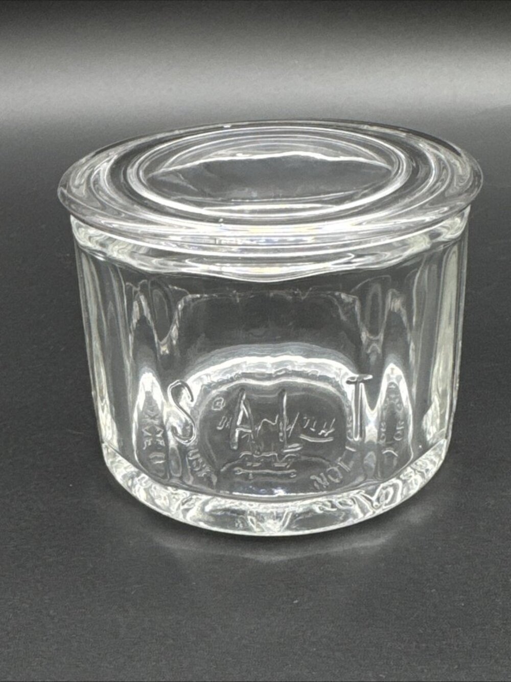 VTG Anchor Hocking Fire King Clear Glass Lidded Salt Cellar Jar Container USA